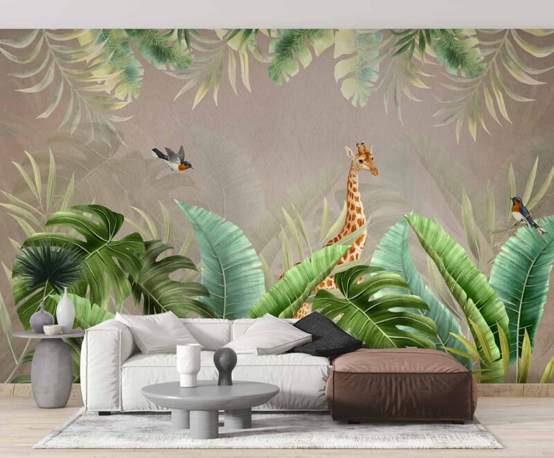 Tropical wallpaper with giraffe and birds Livingroom wallpaper 1