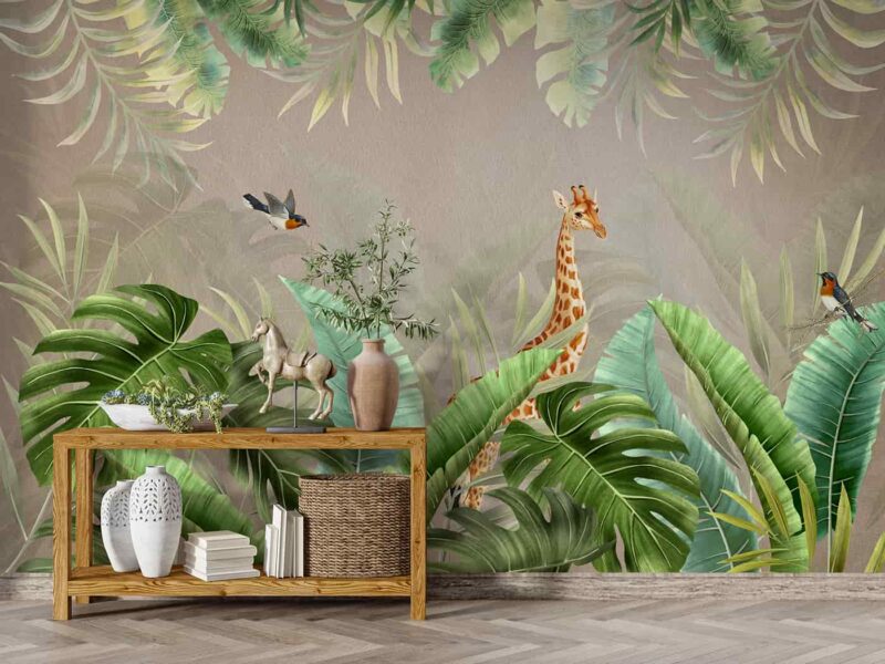 Tropical wallpaper with giraffe and birds Livingroom wallpaper 3