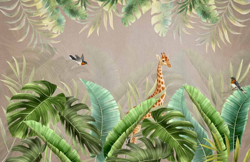 Tropical wallpaper with giraffe and birds wallpaper 2