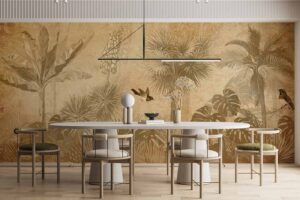 Tropical trees leaves birds on a grunge background Diningroom wallpaper 1