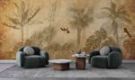 Tropical trees leaves birds on a grunge background Livingroom wallpaper 3