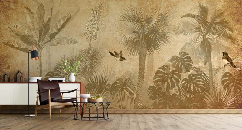 Tropical trees leaves birds on a grunge background Livingroom wallpaper 4