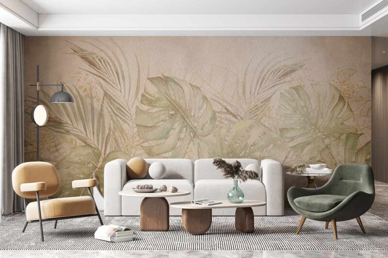 Watercolor tropical palm monstera leaves Livingroom wallpaper 1