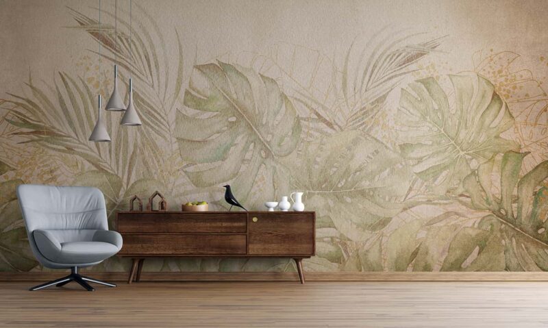 Watercolor tropical palm monstera leaves Livingroom wallpaper 5