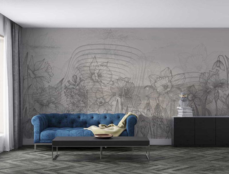 Line Art florals-Grey Livingroom wallpaper 1