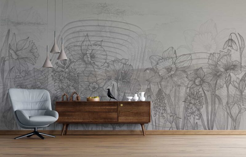 Line Art florals-Grey Livingroom wallpaper 3