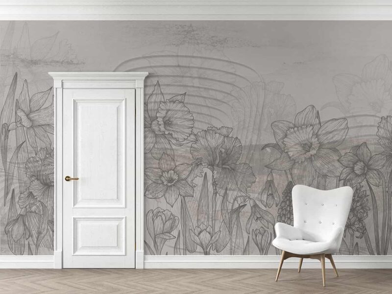 Line Art florals-Grey Livingroom wallpaper 4