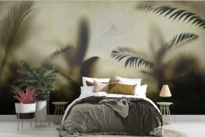 Tropical leaves behind frosted glass Bedroom wallpaper 1