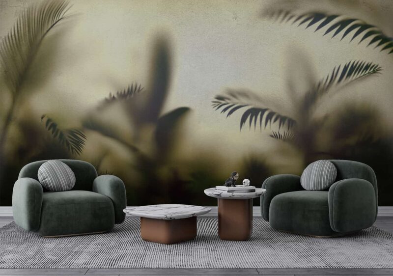 Tropical leaves behind frosted glass Livingroom wallpaper 5