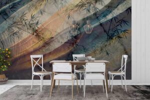 Tropical leaves with splashes of abstract painting Diningroom wallpaper 1