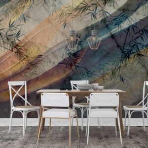 Tropical leaves with splashes of abstract painting Diningroom wallpaper 1