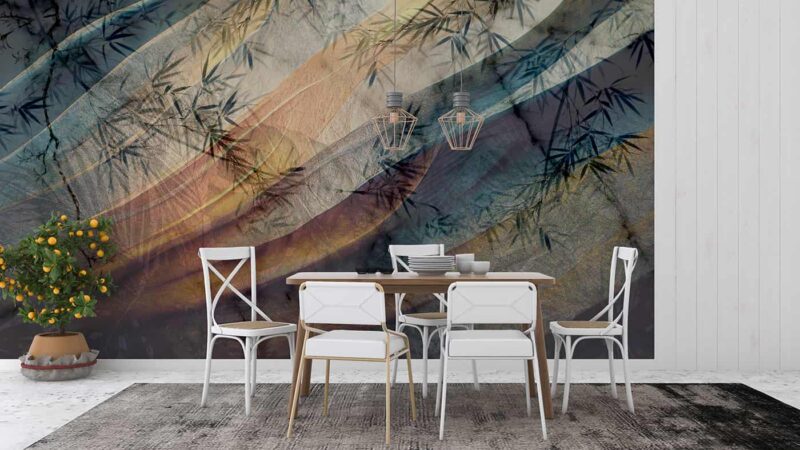 Tropical leaves with splashes of abstract painting Diningroom wallpaper 1