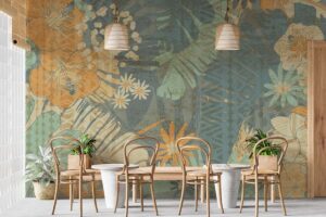 Tropical greens on abstract geometry Diningroom wallpaper 1