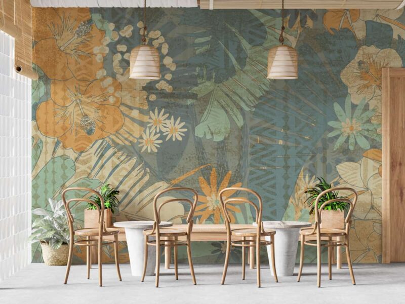 Tropical greens on abstract geometry Diningroom wallpaper 1