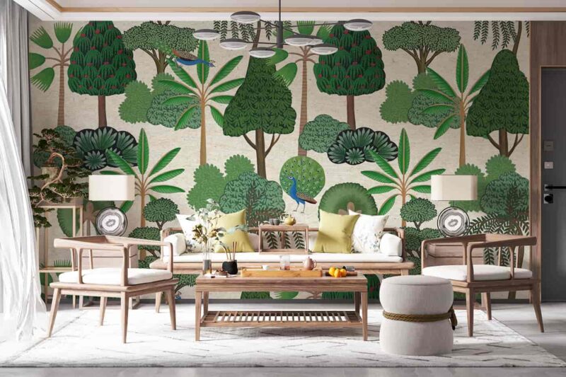 Pichwai style trees Livingroom wallpaper 4