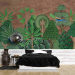 Pichwai style trees in brown background Bedroom wallpaper 5