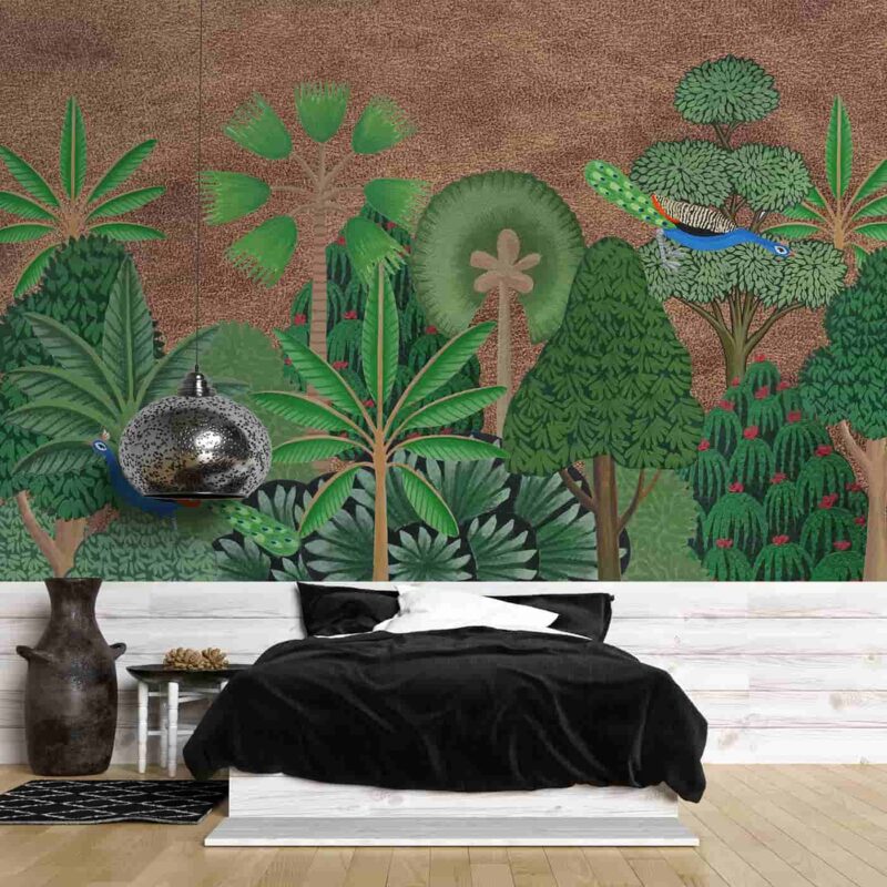 Pichwai style trees in brown background Bedroom wallpaper 5