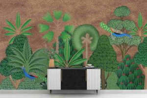 Pichwai style trees in brown background Livingroom wallpaper 1