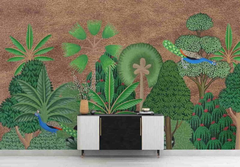 Pichwai style trees in brown background Livingroom wallpaper 1