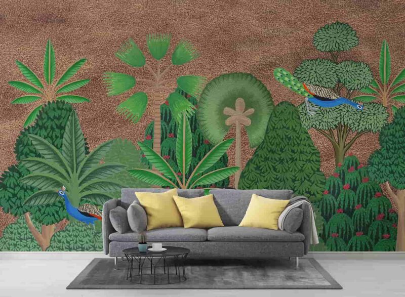 Pichwai style trees in brown background Livingroom wallpaper 4