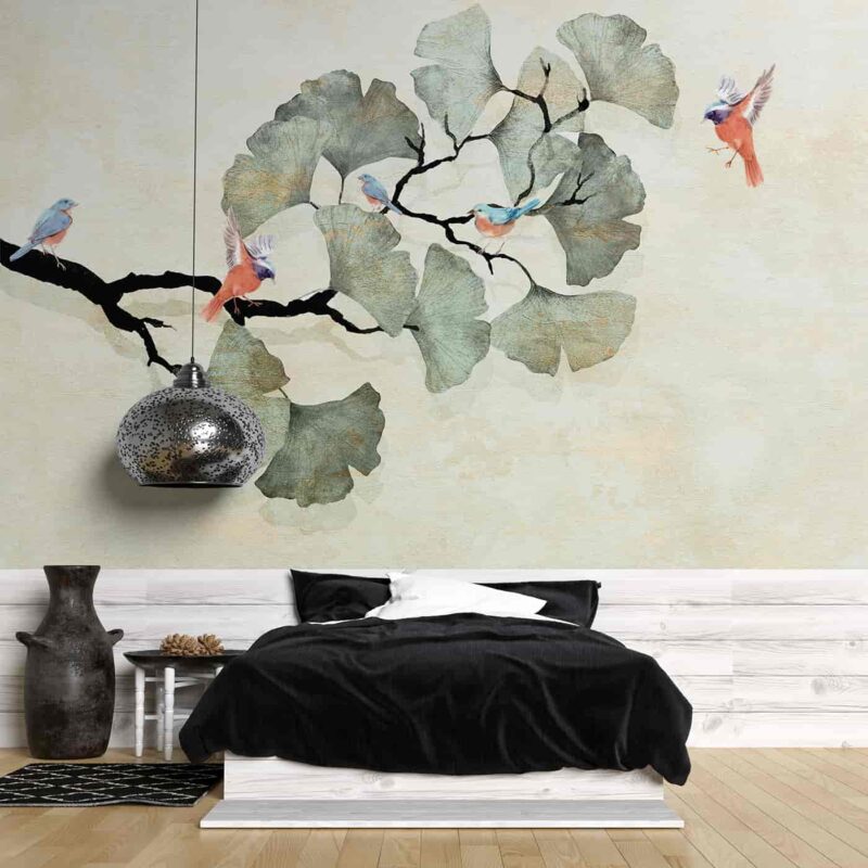 Ginko leaves and birds Bedroom wallpaper 1