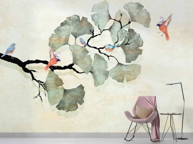 Ginko leaves and birds Livingroom wallpaper 3