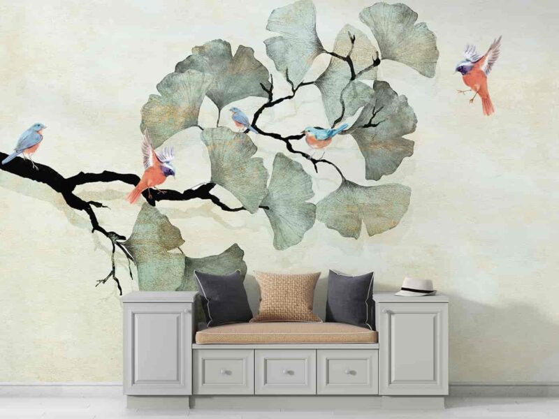 Ginko leaves and birds Livingroom wallpaper 4