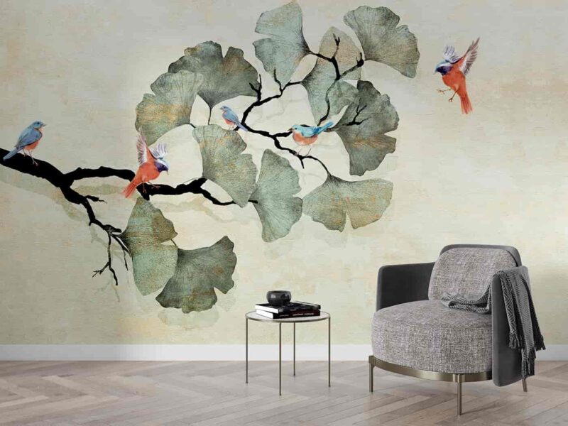 Ginko leaves and birds Livingroom wallpaper 5