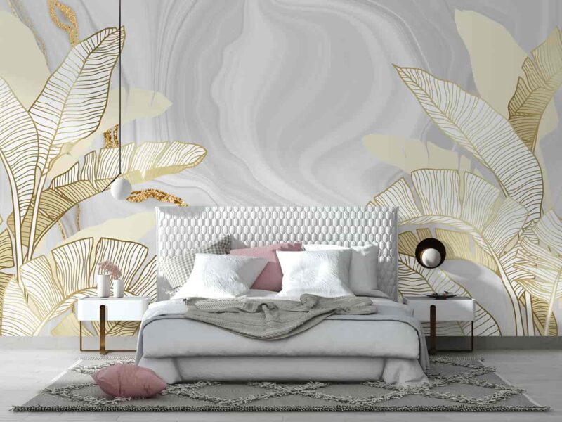 Ivory gold leaves on marble background Bedroom wallpaper 1