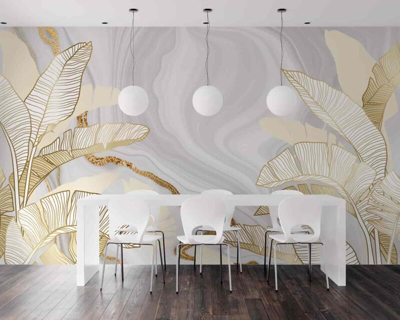 Ivory gold leaves on marble background Diningroom wallpaper 4