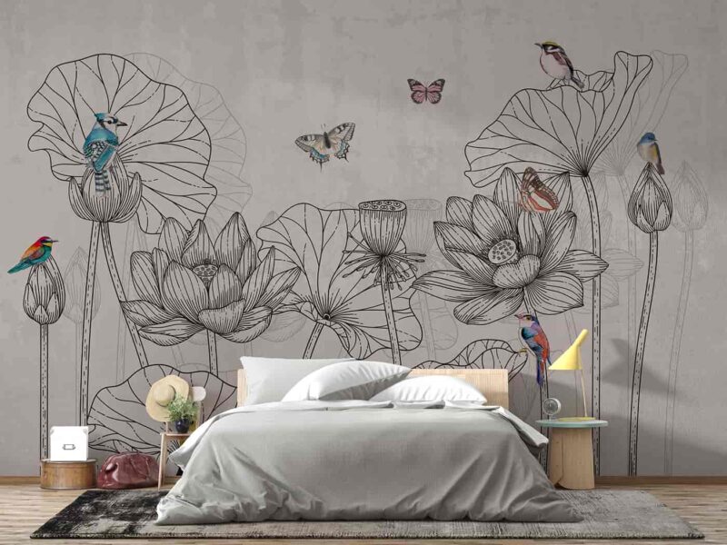 Birds Flower and foliage line art Bedroom wallpaper 4