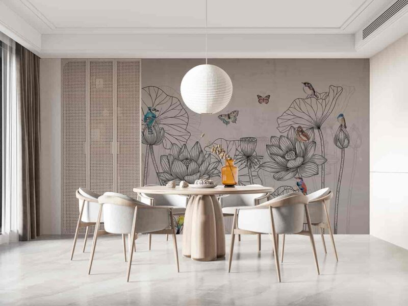 Birds Flower and foliage line art Diningroom wallpaper 5