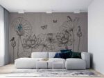 Birds Flower and foliage line art Livingroom wallpaper 3