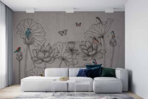 Birds Flower and foliage line art Livingroom wallpaper 3