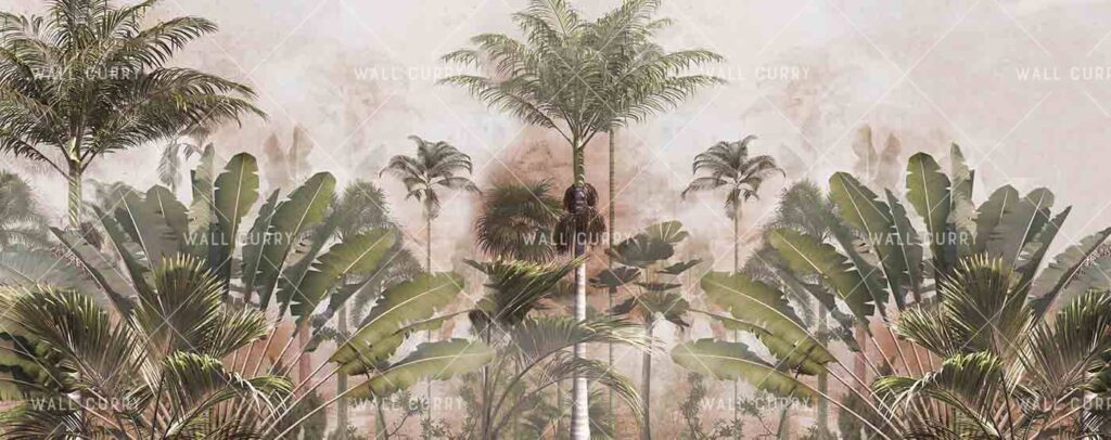 Tropical jungle with palm, banana trees and leaves - WallCurry