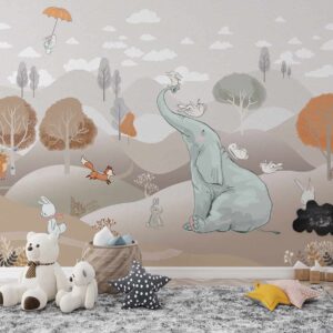 Winter elephant with rabbits and deer