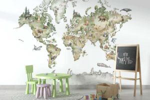 Watercolor world map with Cute animals