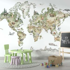 Watercolor world map with Cute animals