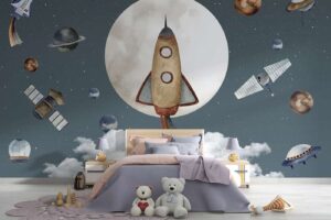 Galaxy Rocket Wallpaper for Nursery  Playroom décor