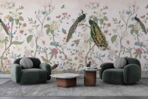 Indian Peacock and hand illustrated trees Wall Mural
