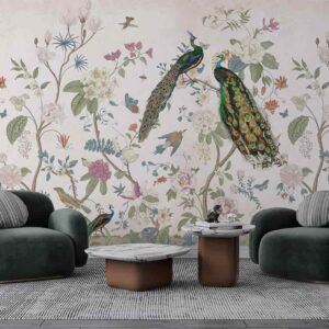 Indian Peacock and hand illustrated trees Wall Mural