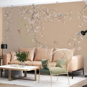 Chinoiserie Cherry blossom flowers and birds Wallpaper Mural