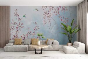Pink-Purple-flowers-with-flying-birds Wallpaper - Chinoiserie stlyle wallmural