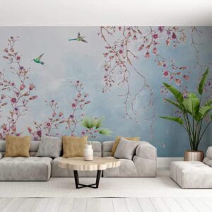 Pink-Purple-flowers-with-flying-birds Wallpaper - Chinoiserie stlyle wallmural