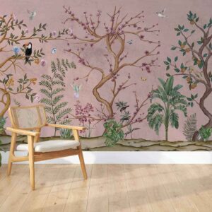 Toucan,Monkey and trees-Chinoiserie style-Peach colorway