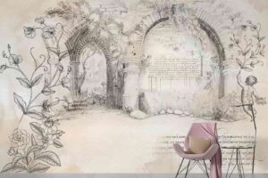 French Country Style Wallpaper- Hand-Drawn Garden Wall Mural with Floral Details