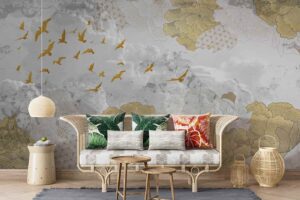 Peony flowers with birds on a Japanese pattern wallpaper mural