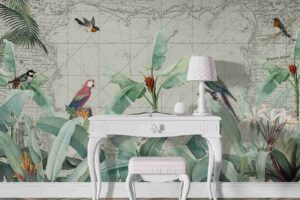 Tropical leaves and Birds on Nautical map