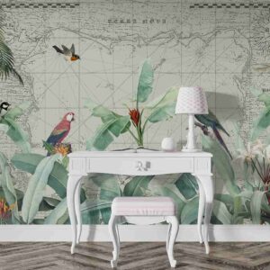 Tropical leaves and Birds on Nautical map