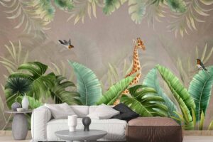Tropical wallpaper with giraffe and birds